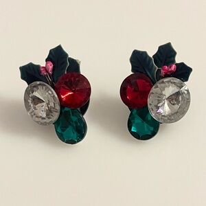 Vintage Christmas Holly Leaf Rhinestone Holiday Earrings